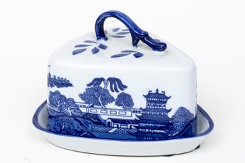 Blue Ironstone Willowware Style Covered Cheese Dish