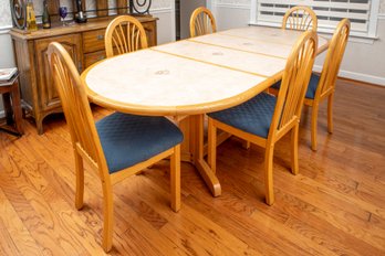 Mid-century French Tile Top Trestle Dining Table & Chairs