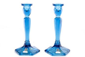 Pair Of Fenton Colonial Celeste Blue Glass Candlestick Holders