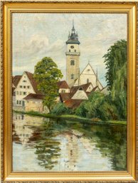 Oil On Canvas Vintage Churche Landscape Painting