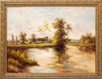 Large Signed Vintage Oil On Canvas Landscape Painting