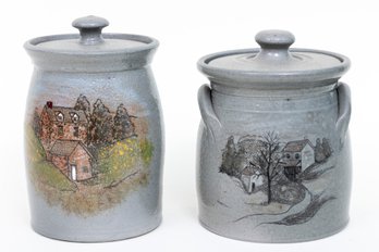 Pair Of Stoneware Lidded Jars By Eldreth Pottery