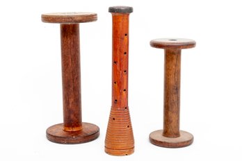 Antique Wood Textile Spindle Candlestick Holders