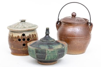 Trio Of Studio Pottery Lidded Stoneware Jars