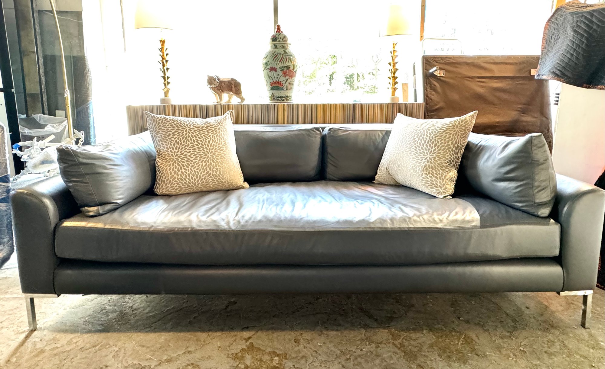 High End Custom Leather Sofa In Pale Slate Gray With Down Fill
