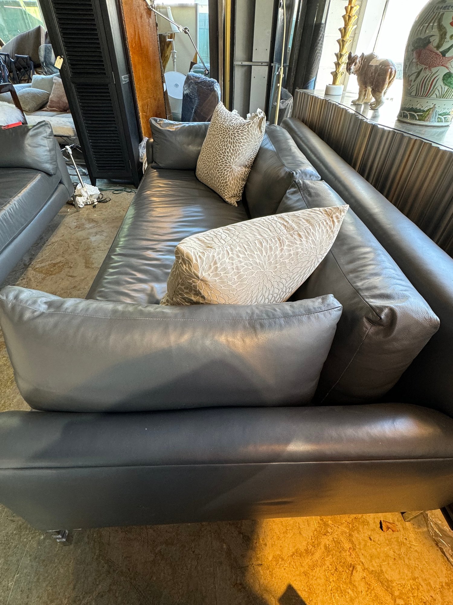 High End Custom Leather Sofa In Pale Slate Gray With Down Fill