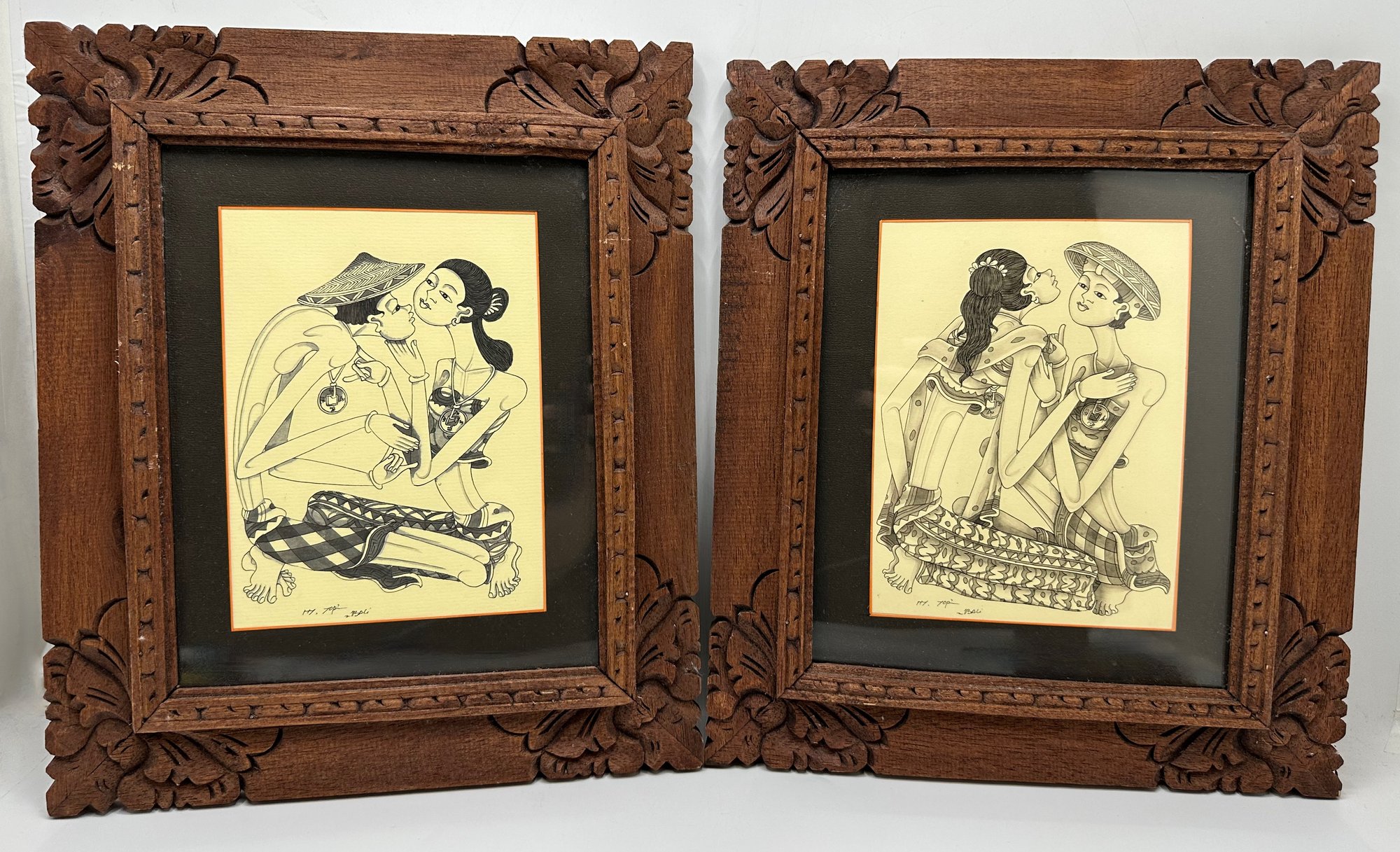 2 Balinese Erotic Art Drawings In Hand-Carved Wood Frames, Signed #40697095  | Auctionninja.com