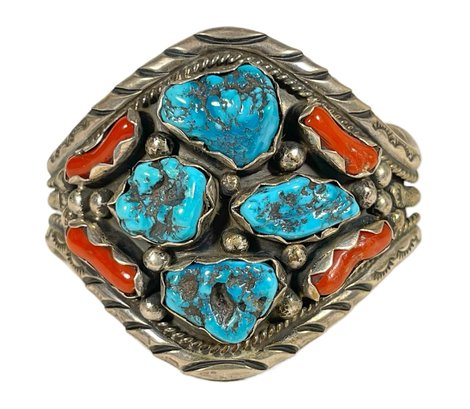 Vintage Sterling Silver Signed Native American Coral And Turquoise Large Bracelet Cuff