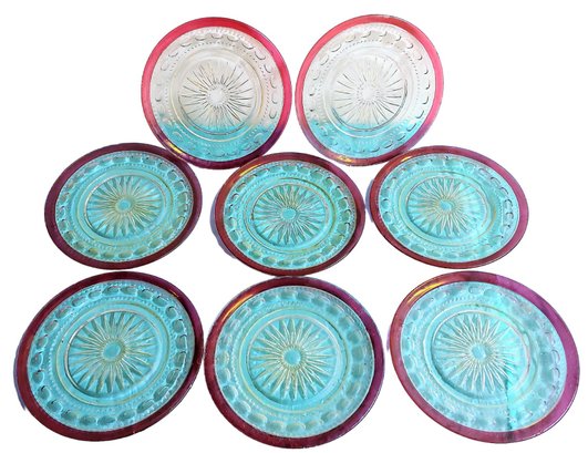 Set Of 8 Tiffin Kings Crown 10' Thumbprint  Ruby Flash Glass Dinner Plates