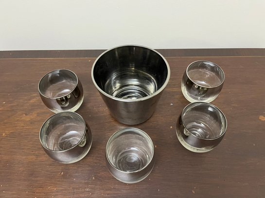 Silver Band Cocktail Glasses Set Of 5 With Matching Ice Bucket