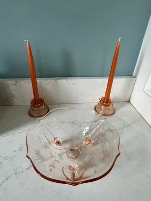 Tri Footed Candy Dish, With Pink Depression Glass Candlesticks