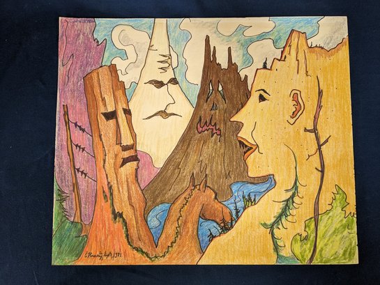 Signed Charles Ramsey, Jr. Railroad Artist Outsider Fantasy Art Surrealist 'Monstrous Mountains' Drawing