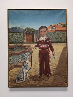 Folk Art Mexican (?) Portrait Of A Young Boy In The Style Of Agapito Labios