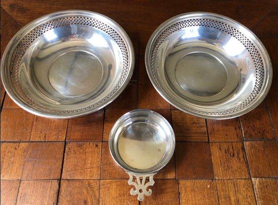 Sterling Silver - Pair Of Reticulated Rimmed Bowls And Porringer Bowl