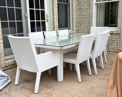 Frontgate White Resin Wicker Outdoor Dining Set With Glass Top Table, Eight Chairs & Cover