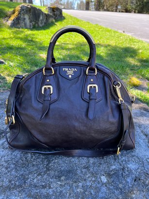 AUTHENTICATED Prada Dark Brown Calf Leather Large Handbag