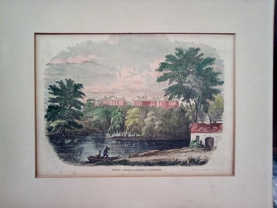 Vintage Hand Colored Etching Print Of Trinity College, Hartford, CT       A3