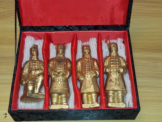 Terracotta Warriors Of Chinese Qin Shi Huang Set Of 4 Gold Tone Metal Figurines