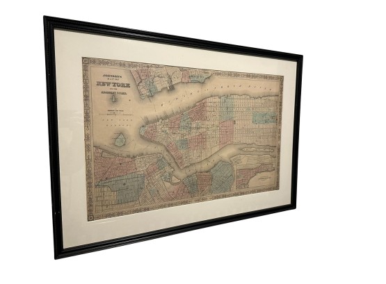 Original 1860's Hand Colored Lithograph Map Of New York City, Johnsons Atlas
