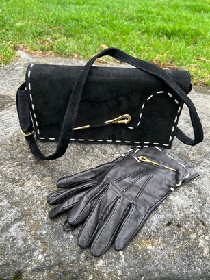Moschino Black Suede Handbag And Matching Leather Gloves