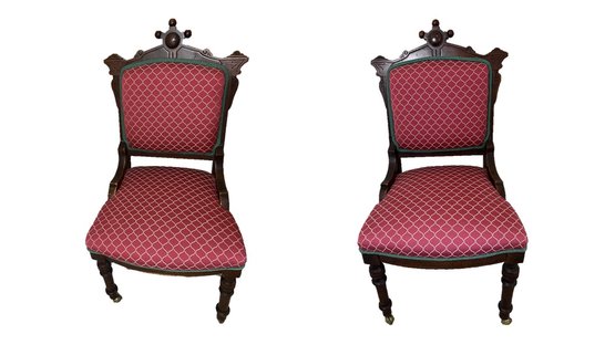 Pair Of Victorian Eastlake Side Chairs In Red & Green Upholstery