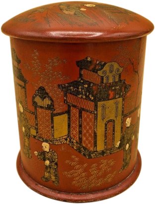 Antique Hand-Painted Chinese Double Lidded Tin Tea Caddy
