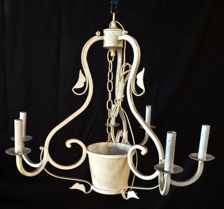 Vintage White Painted Ivy Chandelier With Planter In Center