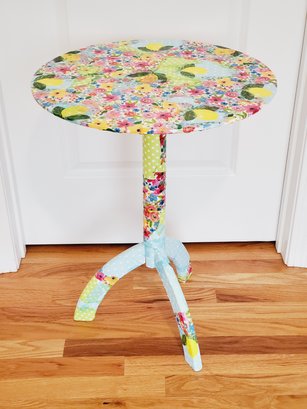 Vintage Decoupaged Vibrant Floral & Polka Dot Wood Accent Table