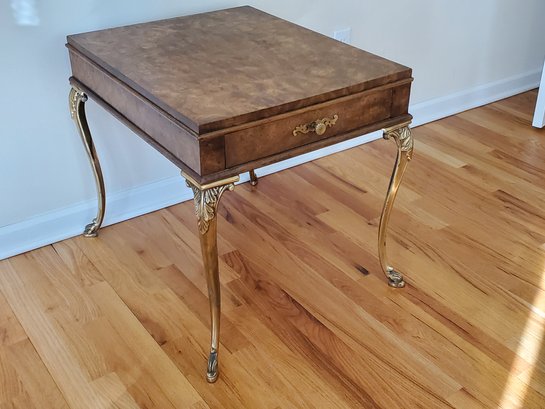 Single Vintage 1979 Hollywood Regency Rectangular Burled Wood Top Table With Brass Cabriole Legs