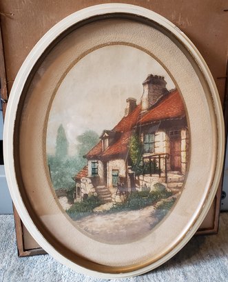 Pretty Oval Painting Of English Cottage Signed Charlot