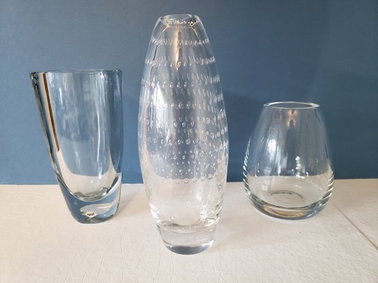 Orrefors Controlled Bubble Glass Vase Paired With Two Other Glass Vases
