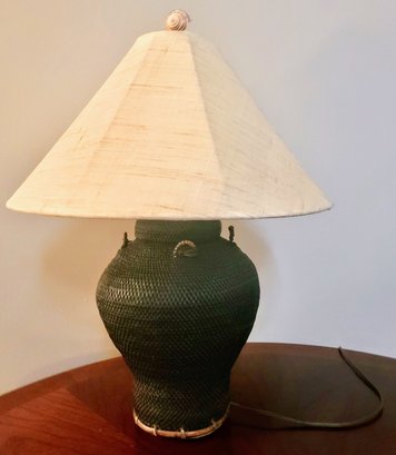 A Rattan Weave Body Adorns This Tropical Vintage Style Lamp With Linen Shade And Finial Shell - High Quality