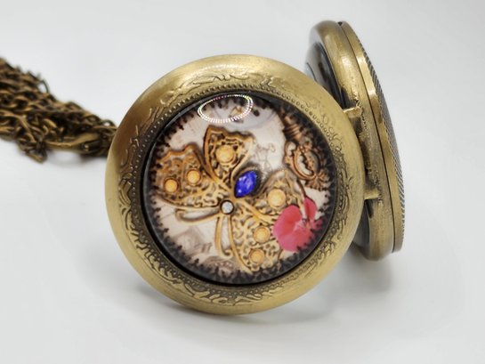 Vintage Antique Bronze Butterfly Pocket Watch