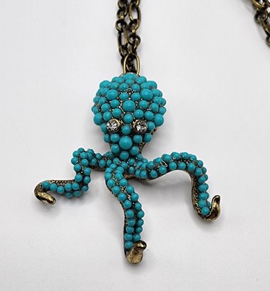 Aqua Beaded & Antique Gold Octopus Pendant Necklace
