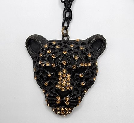 Black Panther, Black Metal Overlaid Pendant Necklace With Rhinestones