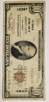 BROWN SEAL $10.00 Bill The Franklin National Bank Of JERSEY CITY