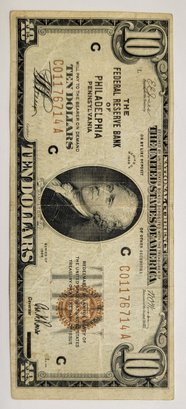 BROWN SEAL $10.00 Bill The Federal Reserve Bank Of Philidelphia Series Of 1929