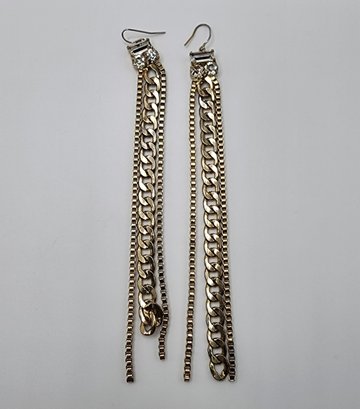 Vintage Long Drop Earrings With Silver Tone Chains & Clear Glass Or Crystals