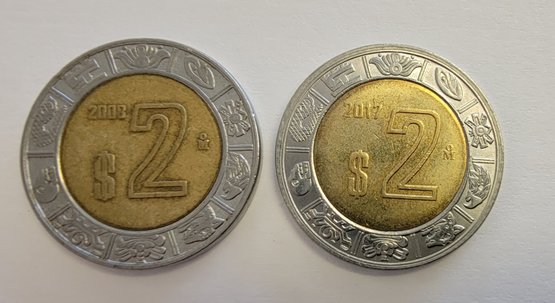 (2) $2.00 Mexican Peso's Estados Unidos Mexicanos 2008, 2017