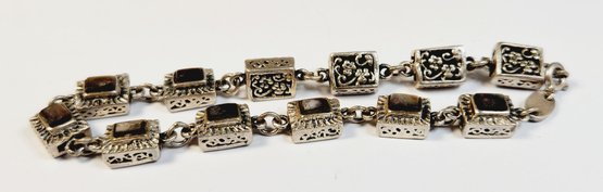 Ornate Vintage Sterling Silver And Black Onyx Box Bracelet