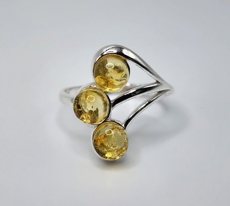 Yellow Amber 3 Stone Ring In Sterling Silver