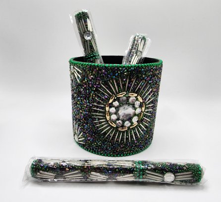 Handcrafted Set Of 3 Green Beaded Pens & Matching Pen Pot