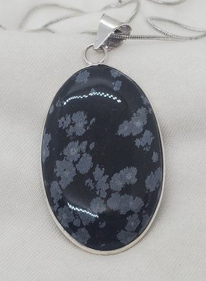 Silver Plated Huge Snowflake Obsidian Pendant With 18' Plated Necklace ~ 1 3/4' X 1 1/16'