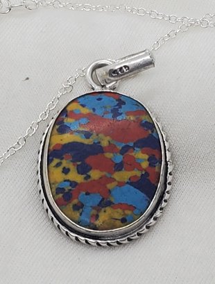Silver Plated 18' Necklace With A Lovely Mosaic Jasper Pendant 1' X 3/4'