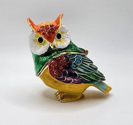 Austrian Crystal & Enameled Owl Shape Trinket Box