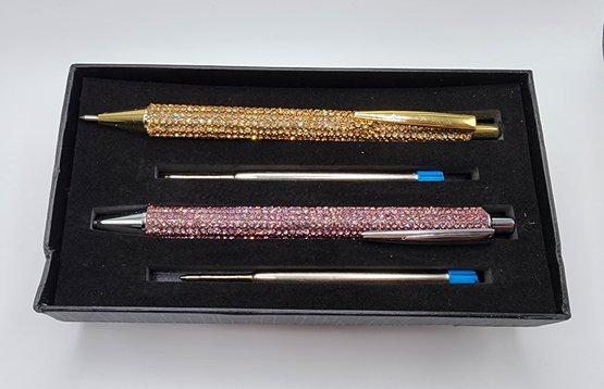 2 Pink & Gold Faux Diamond Pens With 2 Replacement Inks