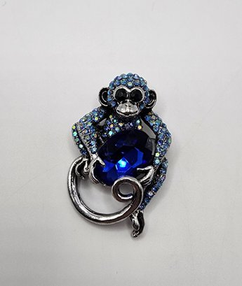 Crystal & Blue Glass Monkey Brooch Or Pendant In Stainless
