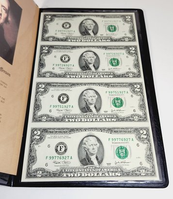 WOW....2003 $2 Dollar Uncut Sheet Of 4 Bills With COA In Folder (20 Years Old)