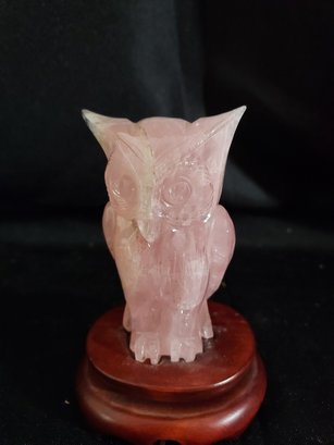 Beautiful Vintage Rose Quartz Owl On Base