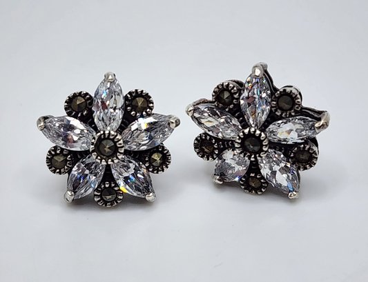 Vintage Sterling Silver ART DECO CZ & Marcasite Flower Post Earrings